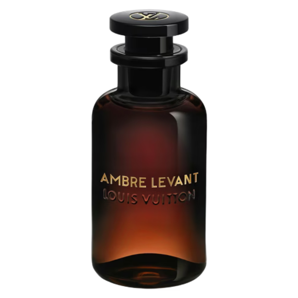 Louis Vuitton Ambre Levant sample bottle with a black cap and elegant label, showcasing a luxurious perfume presentation.