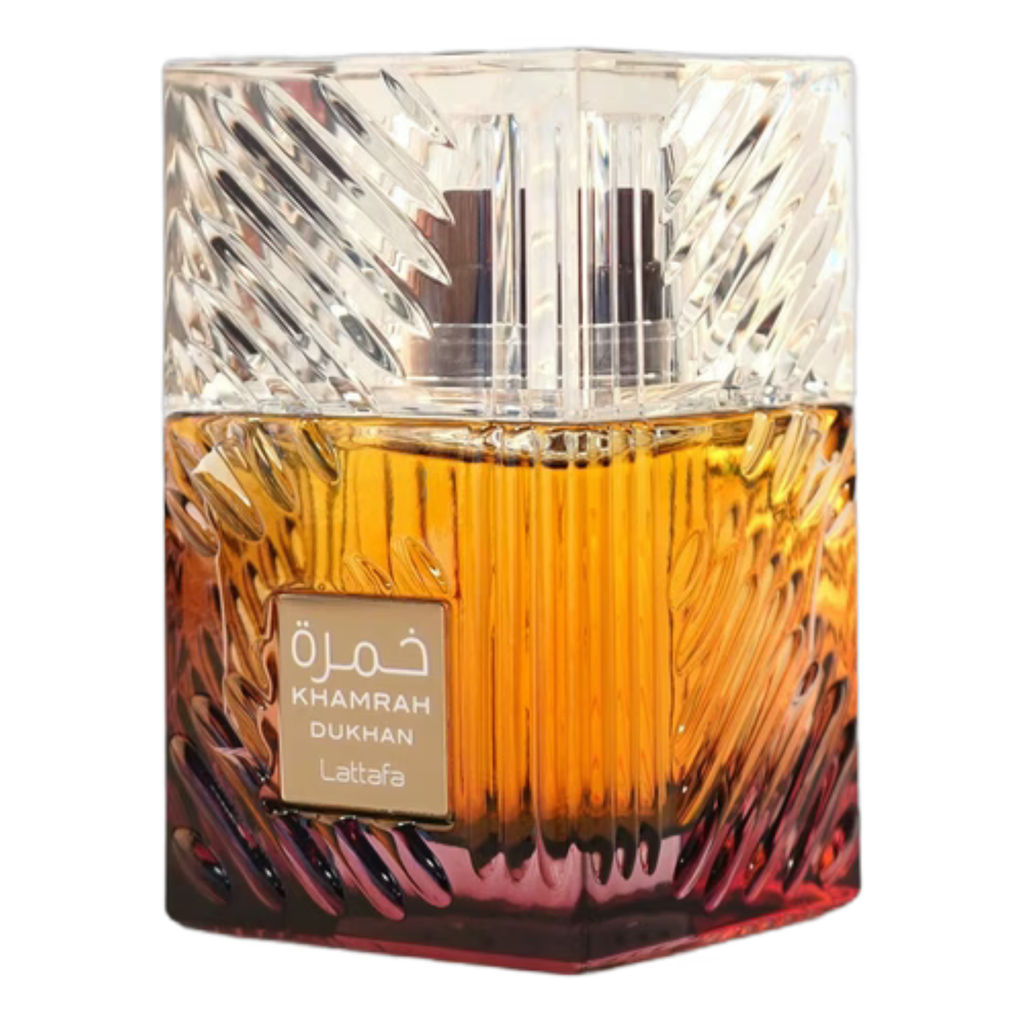 Sample bottle of Lattafa Khamrah Dukhan fragrance by My Store, featuring the classic glass container and smoky scent profile.