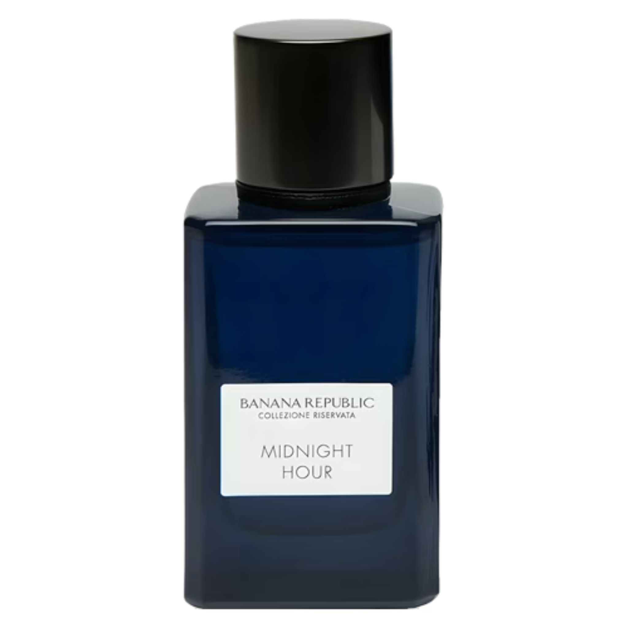 Banana Republic Midnight Hour sample bottle with label and cap, showcasing elegant packaging and dark-colored glass.