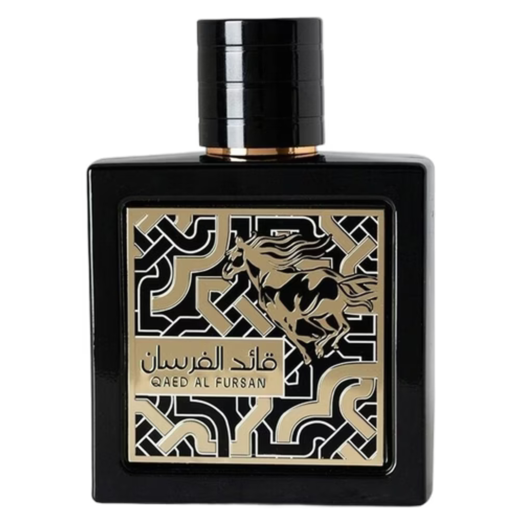 Sample of Lattafa Qaed Al Fursan perfume bottle with intricate gold and black design, displayed on a neutral background.