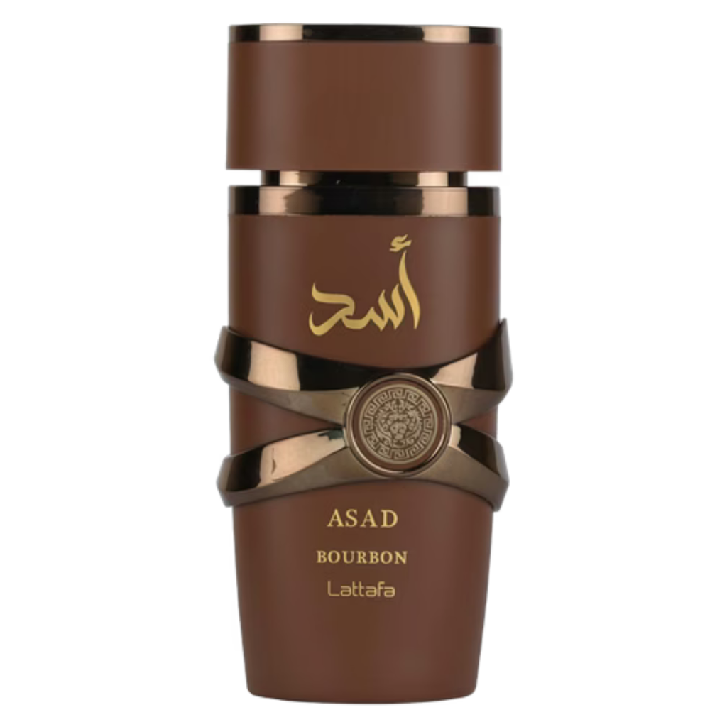 Lattafa Asad Bourbon fragrance sample, featuring a sleek bottle with a gold cap and dark scent liquid inside.
