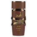 Lattafa Asad Bourbon fragrance sample, featuring a sleek bottle with a gold cap and dark scent liquid inside.