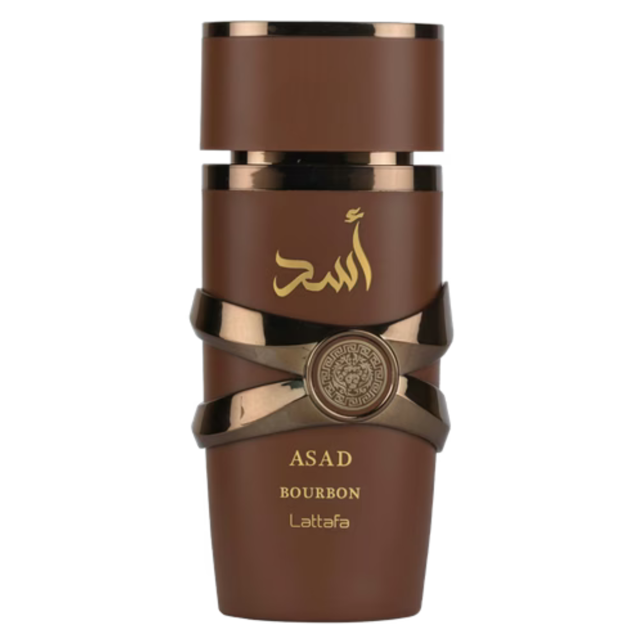 Lattafa Asad Bourbon fragrance sample, featuring a sleek bottle with a gold cap and dark scent liquid inside.