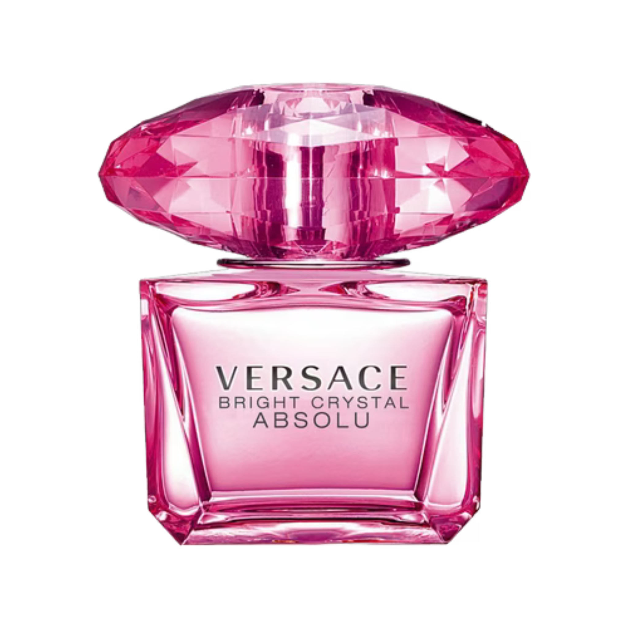 Sample of Versace Bright Crystal Absolu perfume bottle with pink and gold accents, showcasing elegant floral design.