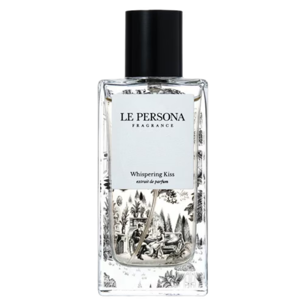 Close-up of the Le Persona Whispering Kiss fragrance sample bottle by My Store with elegant packaging and branding details.
