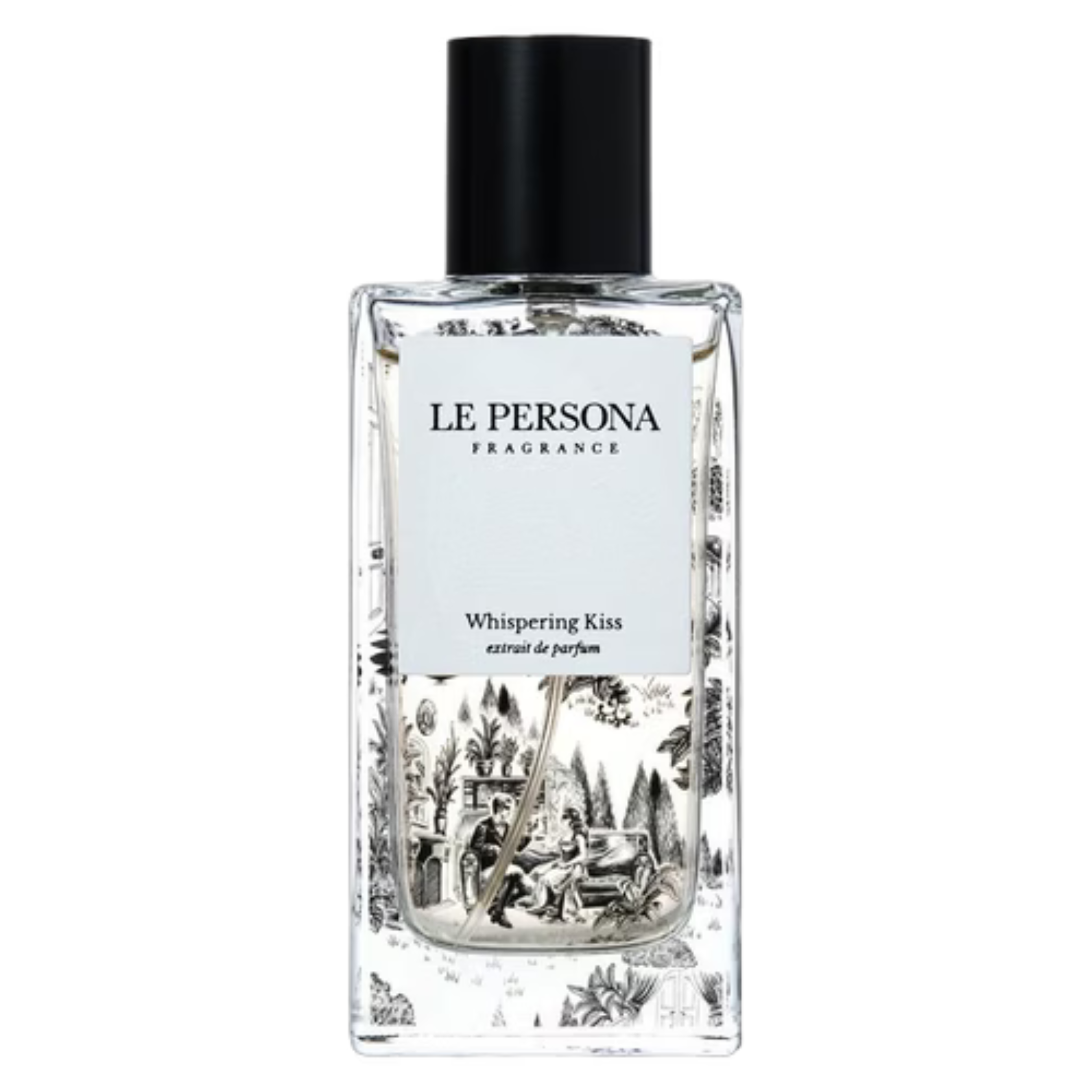 Close-up of the Le Persona Whispering Kiss fragrance sample bottle by My Store with elegant packaging and branding details.
