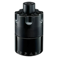 A sample of Azzaro The Most Wanted Eau de Parfum Intense bottle with sleek black and gold design on a white background.