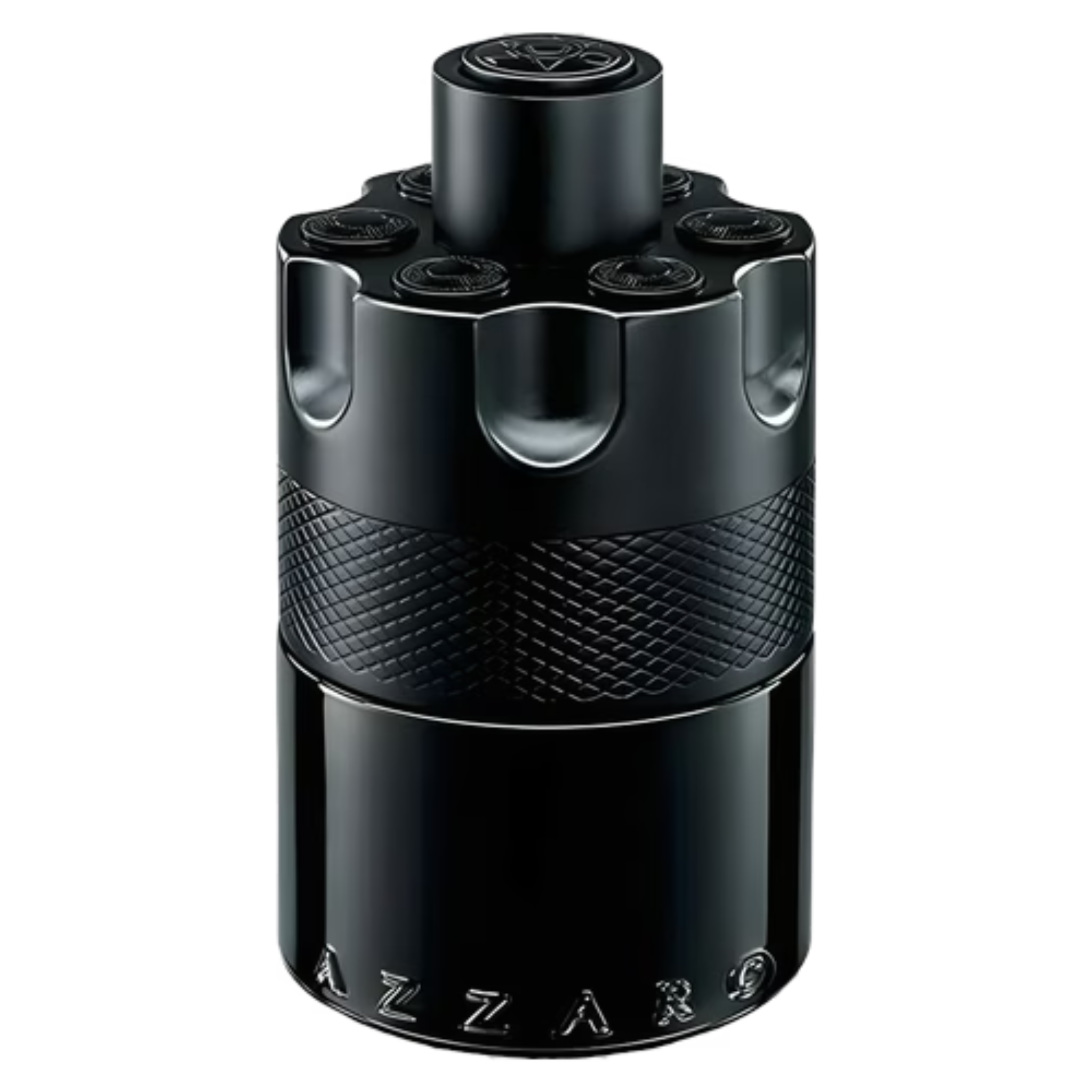 A sample of Azzaro The Most Wanted Eau de Parfum Intense bottle with sleek black and gold design on a white background.