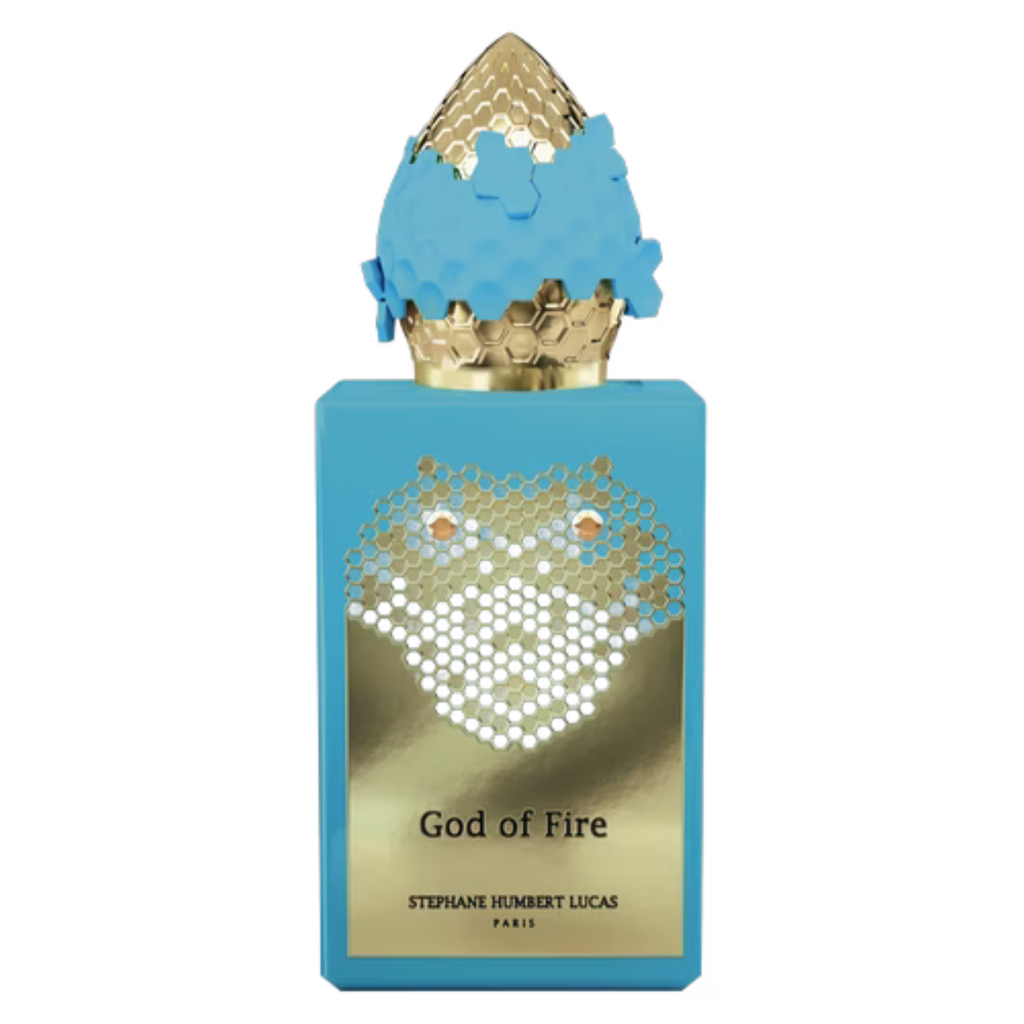 Sample image of Stephane Humbert Lucas God of Fire fragrance bottle, featuring a sleek, artistic design with fiery orange accents.