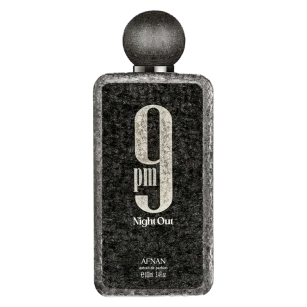 Afnan 9PM Night Out sample perfume bottle with elegant black and gold design, showcasing the fragrance's packaging.