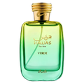 Rasasi Hawas Verde fragrance sample bottle with green liquid, showcasing the perfume's elegant design and branding.