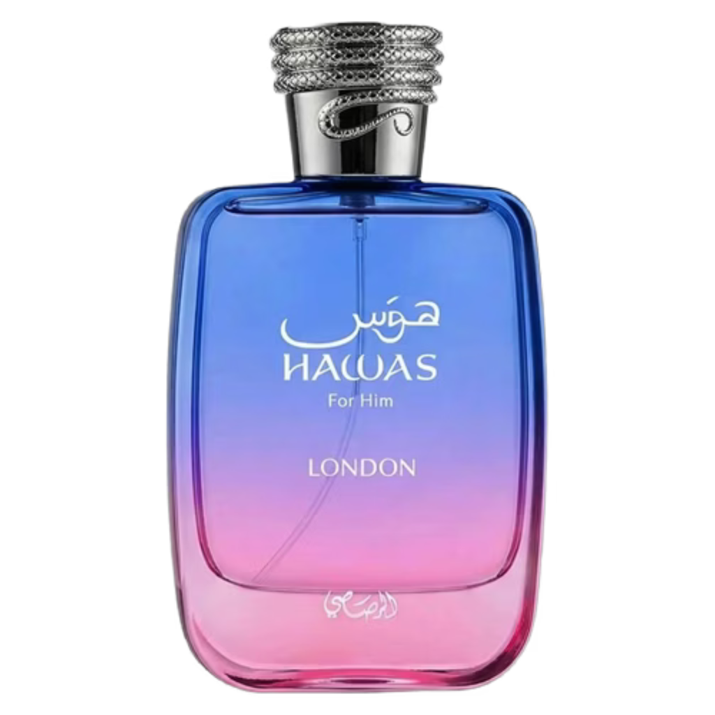 Sample bottle of Rasasi Hawas London fragrance, featuring a sleek design with a clear glass container and gold accents.