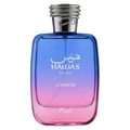 Sample bottle of Rasasi Hawas London fragrance, featuring a sleek design with a clear glass container and gold accents.