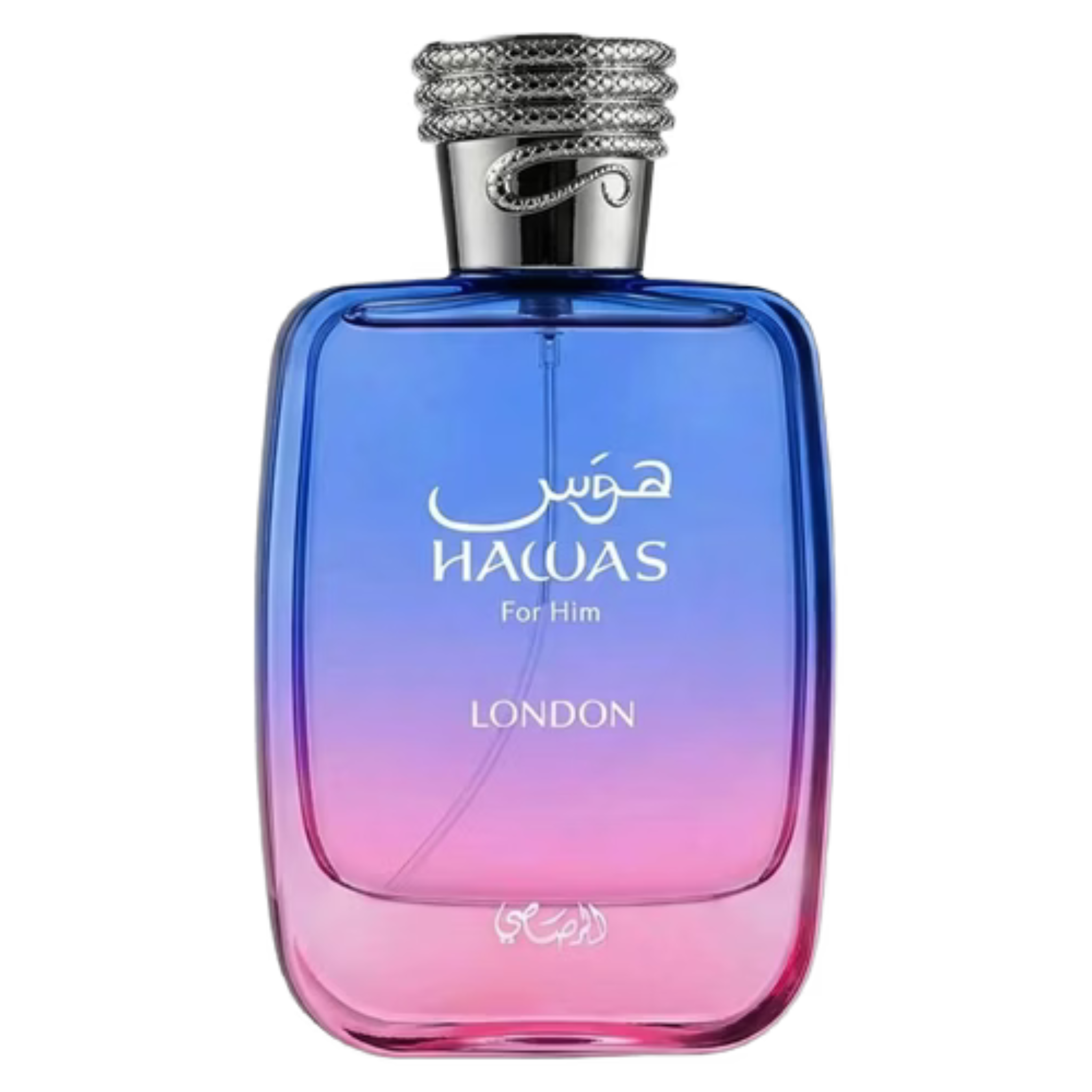 Sample bottle of Rasasi Hawas London fragrance, featuring a sleek design with a clear glass container and gold accents.