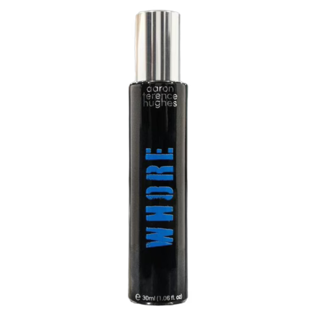 Blue sample artwork titled "Whore" by Aaron Terence Hughes, featuring vibrant abstract designs on a textured surface.