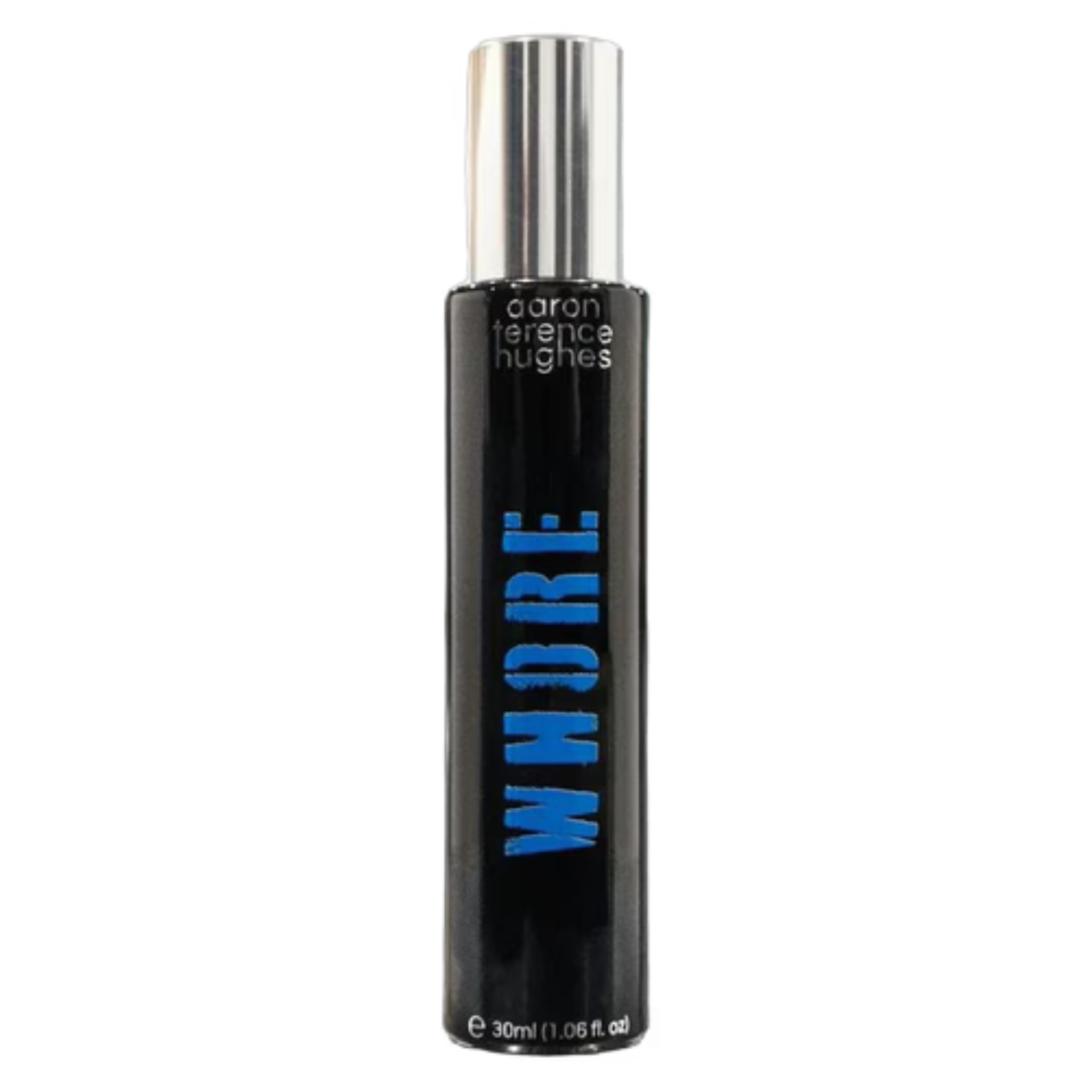 Blue sample artwork titled "Whore" by Aaron Terence Hughes, featuring vibrant abstract designs on a textured surface.