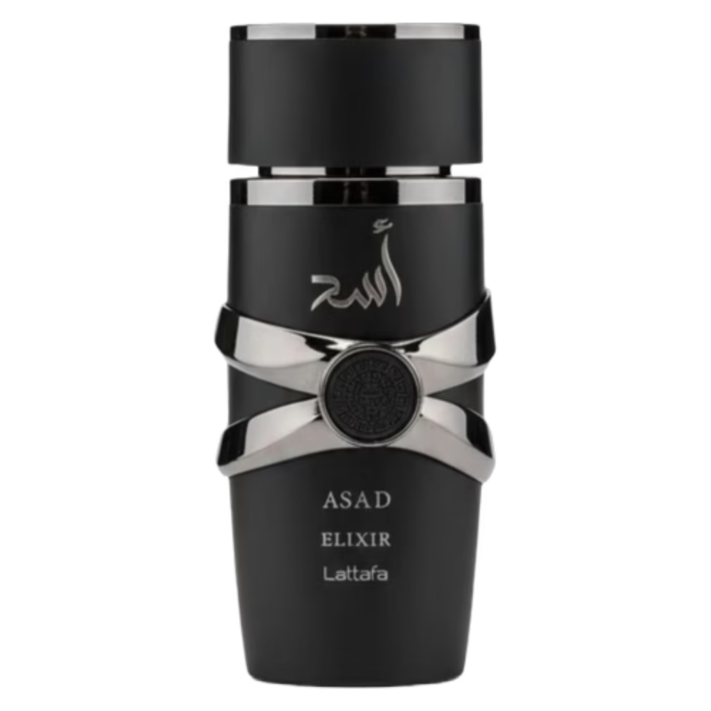 Sample bottle of Lattafa Asad Elixir perfume, featuring a sleek design with a gold cap and clear glass container.