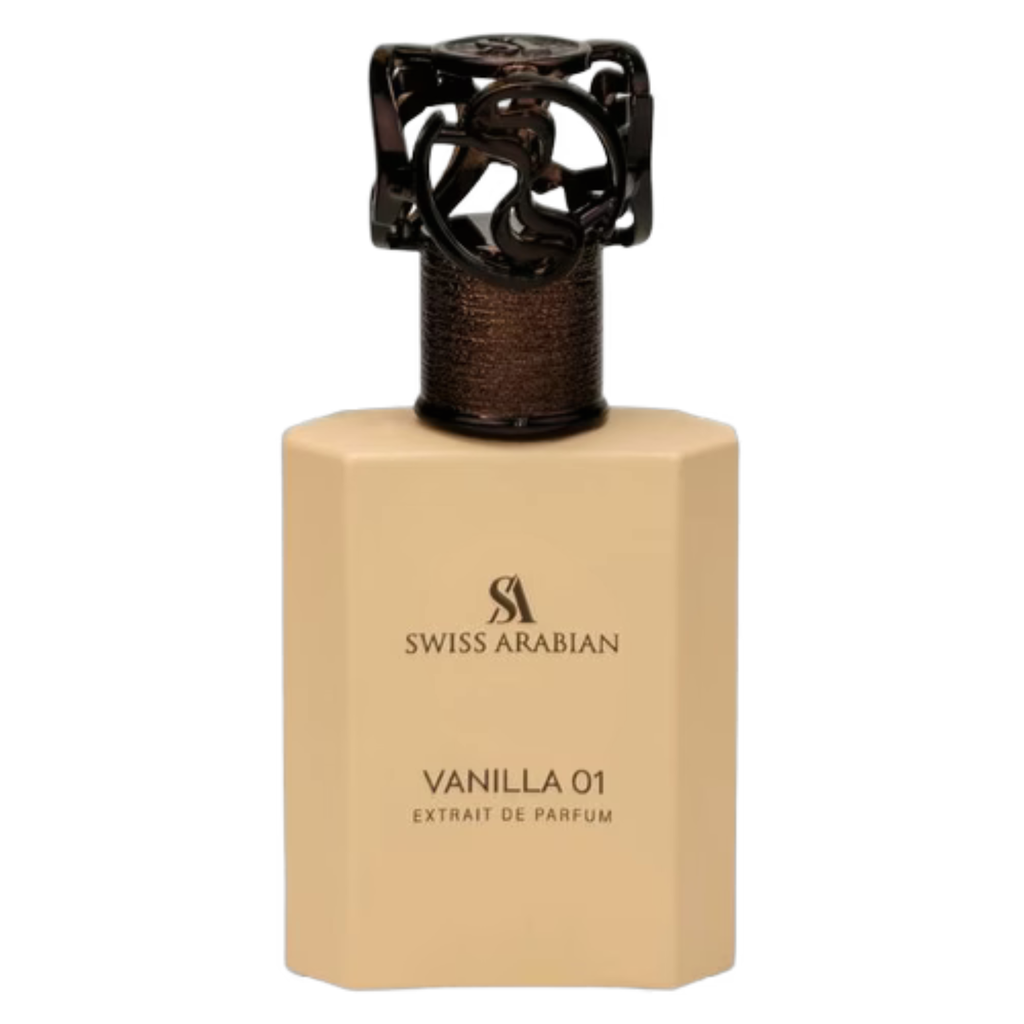 Swiss Arabian Vanilla 01 perfume sample in a small vial, featuring a clear glass container with a white cap and vanilla scent branding.