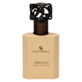 Swiss Arabian Vanilla 01 perfume sample in a small vial, featuring a clear glass container with a white cap and vanilla scent branding.