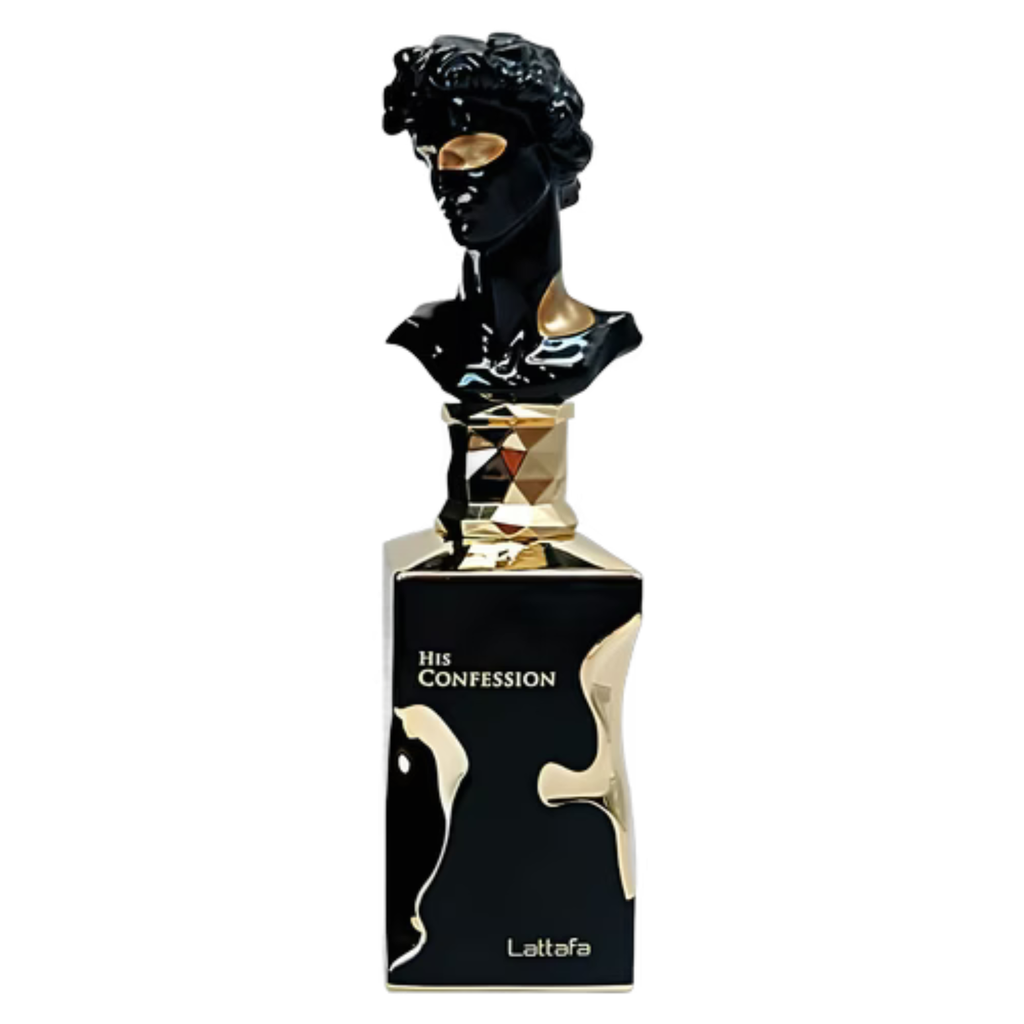 Sample bottle of Lattafa His Confession perfume, showcasing the elegant packaging and fragrance design.