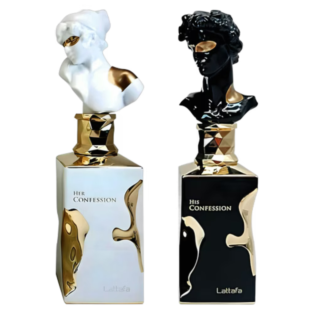 Lattafa His & Her Confession fragrance sample set featuring two small perfume bottles for men and women.