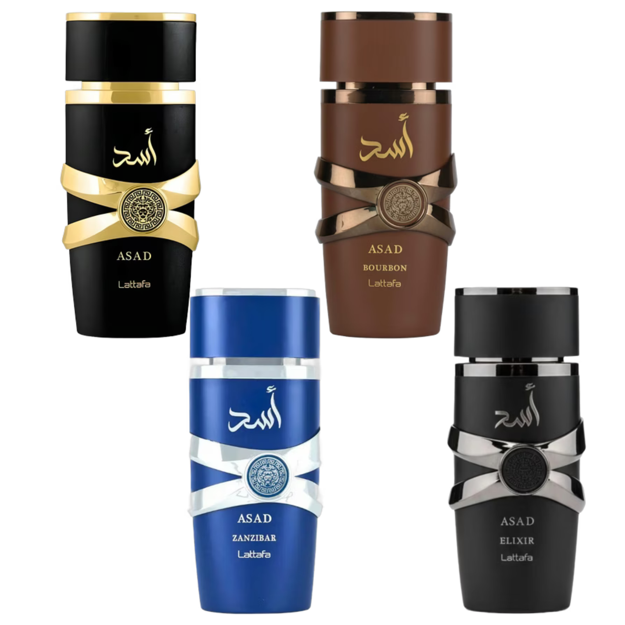 Lattafa Asad Collection sample set featuring small bottles of luxurious fragrances in elegant packaging.