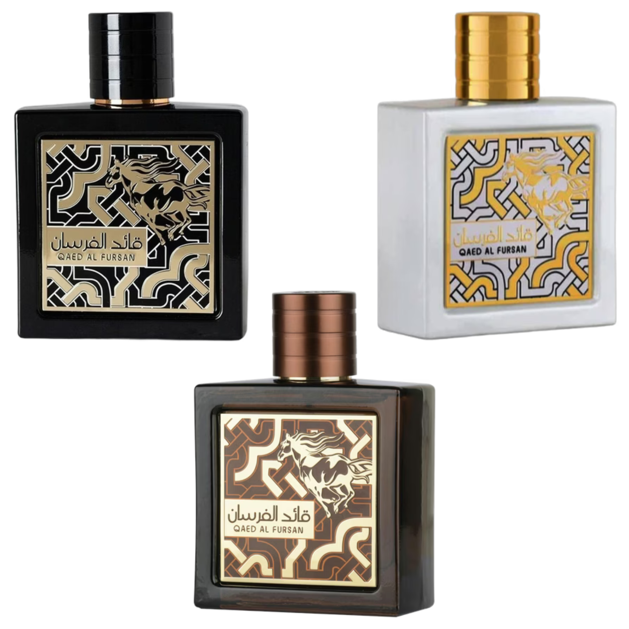 Sample set of Lattafa Qaed Al Fursan fragrances featuring small bottles with elegant gold and black packaging.