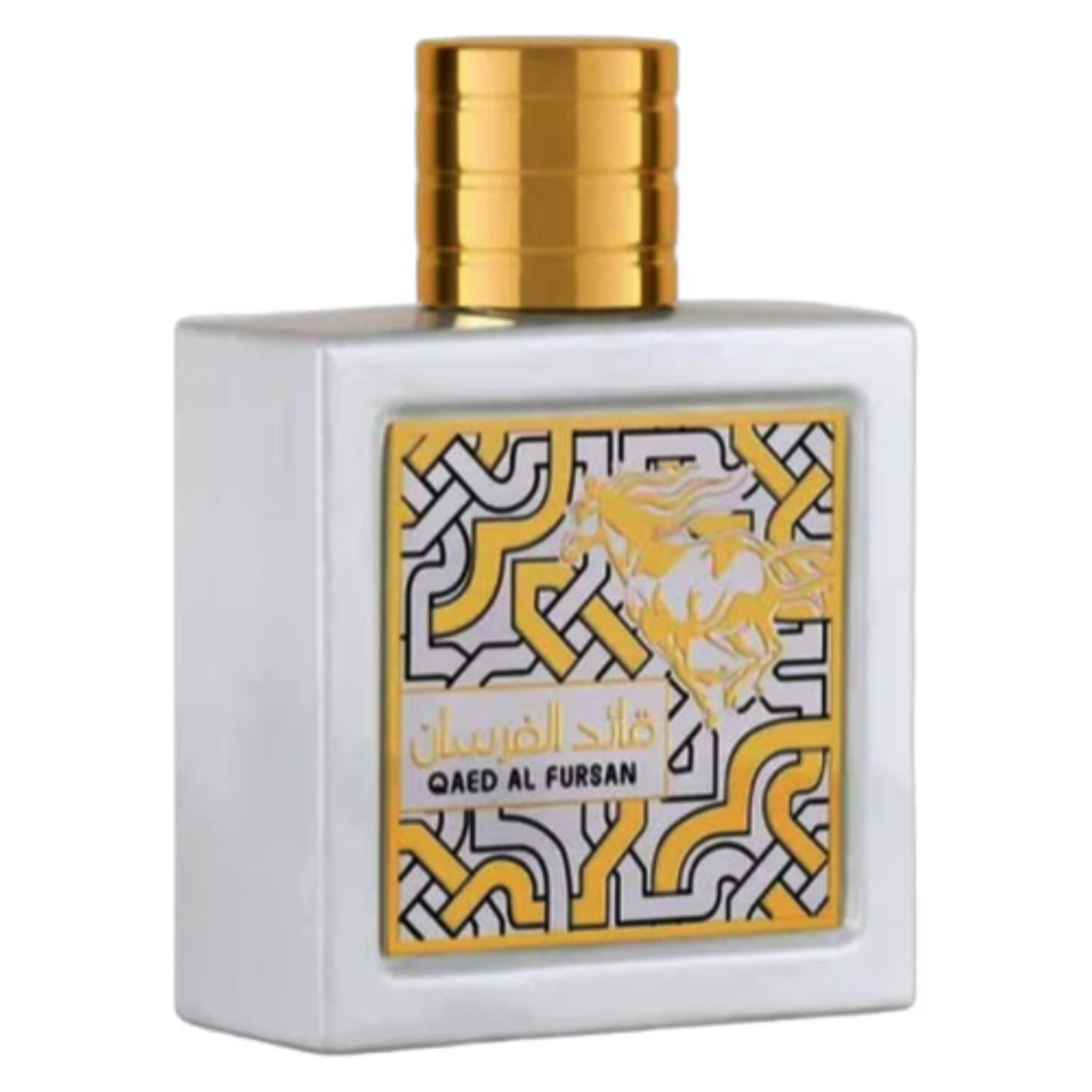 Sample of Lattafa Qaed Al Fursan Unlimited fragrance displayed in a small bottle with a gold cap, showcasing the perfume's elegant design.