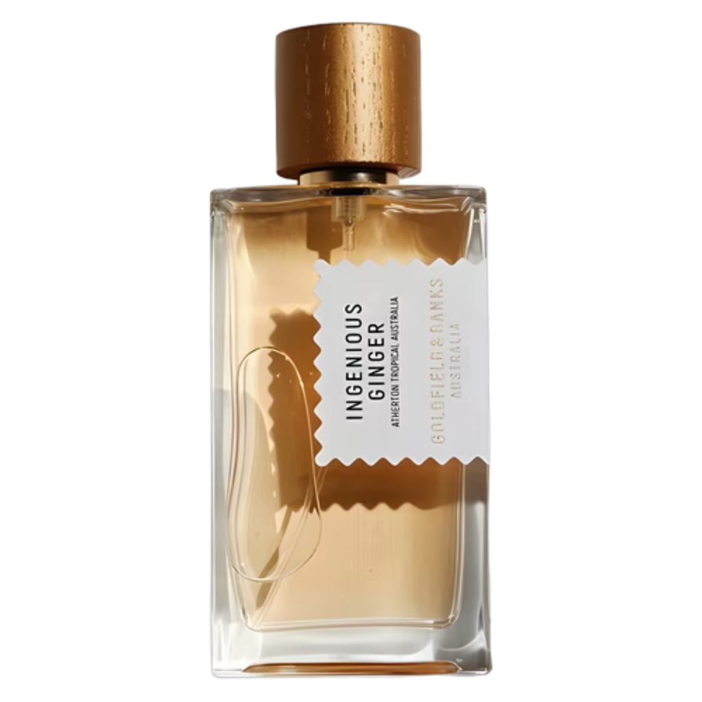 Goldfield & Banks Ingenious Ginger sample bottle, featuring a clear glass container with a label, showcasing the product's premium packaging.