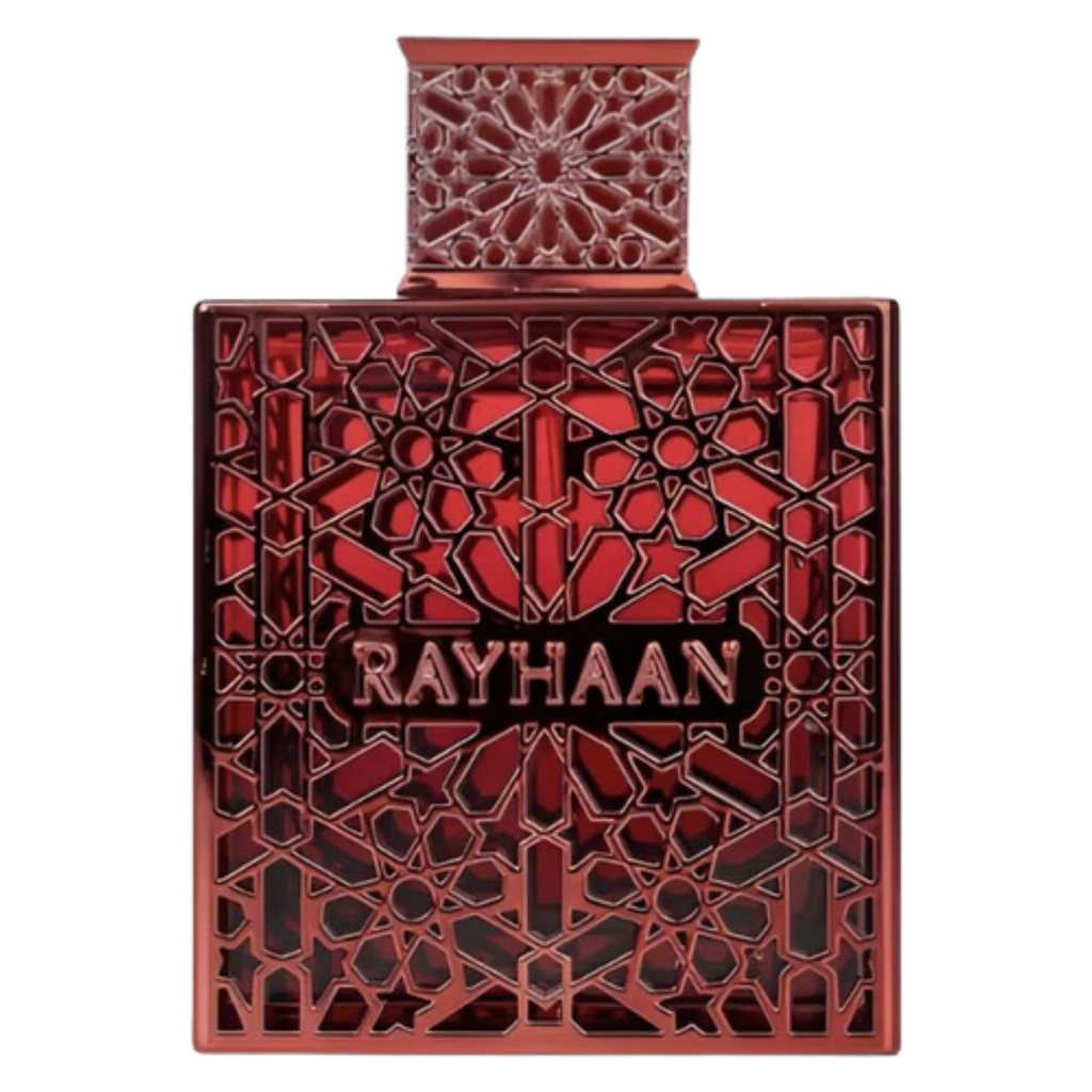 Small bottle of Rayhaan Crimson perfume sample by My Store, showing the sample container with pink liquid inside.