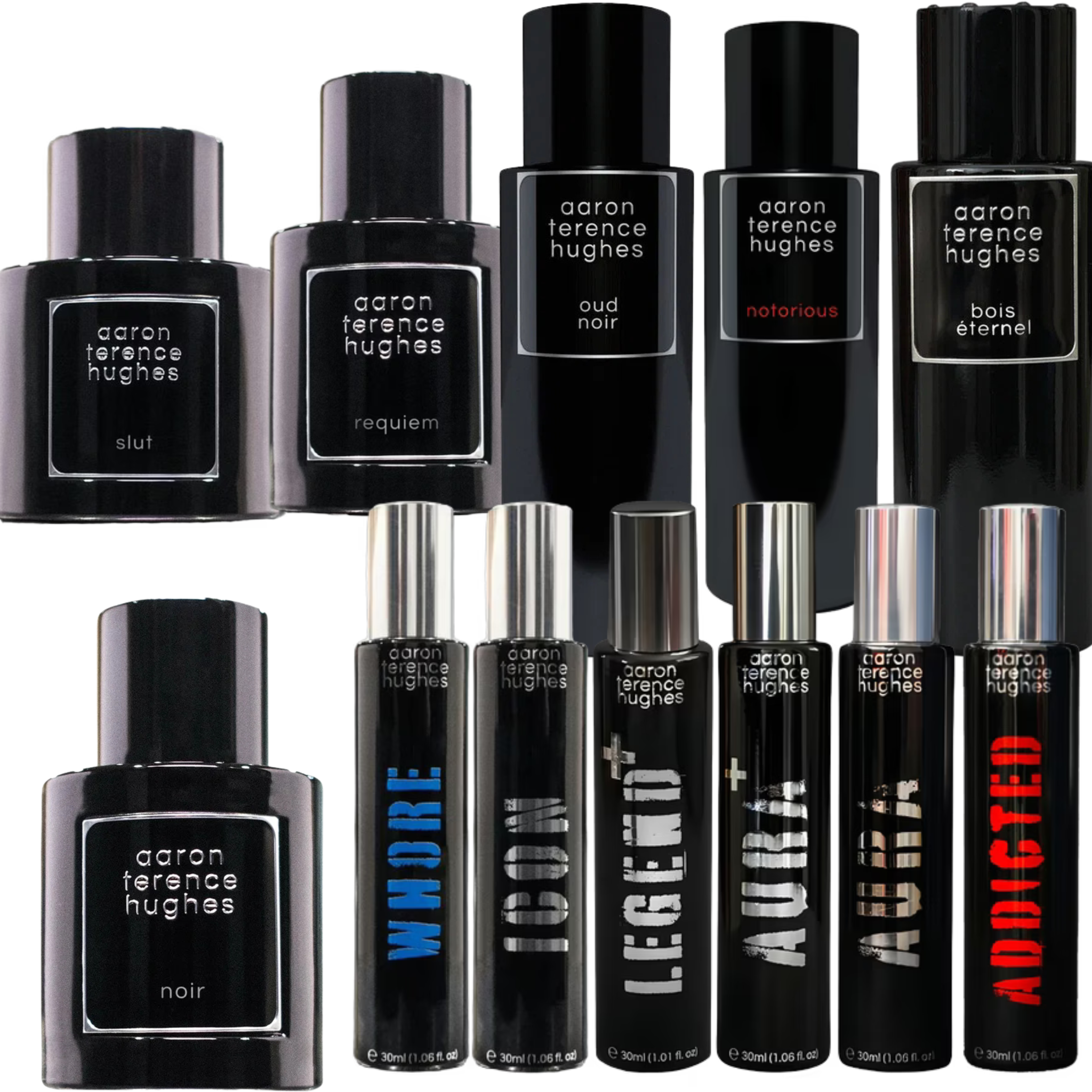 Discovery sample set by Aaron Terence Hughes featuring a variety of fragrance bottles, arranged on a neutral background.
