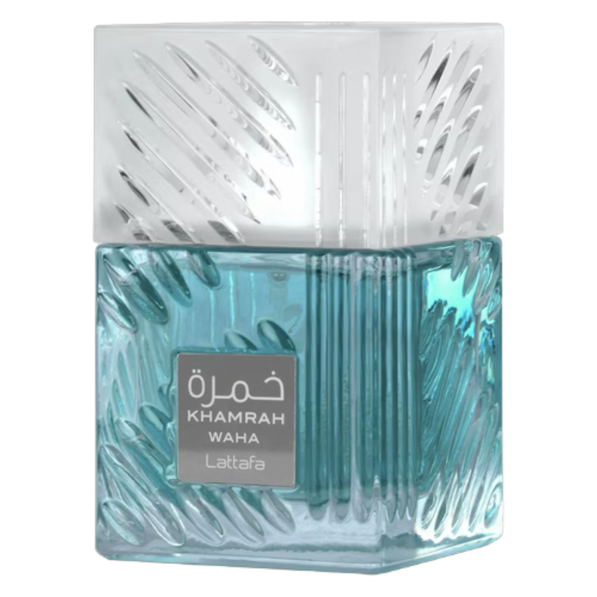 Sample of Lattafa Khamrah Waha perfume in a small vial, featuring a clear liquid and minimalist branding.