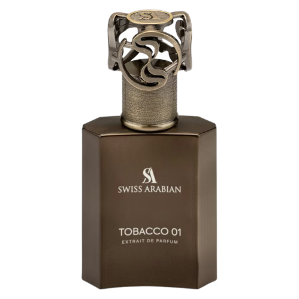 Sample of Swiss Arabian Tobacco 01 perfume, featuring a sleek bottle with a dark tobacco-colored liquid and elegant design.