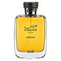 Rasasi Hawas Exotic perfume sample bottle with gold accents and clear glass, showcasing the fragrance's luxurious design.