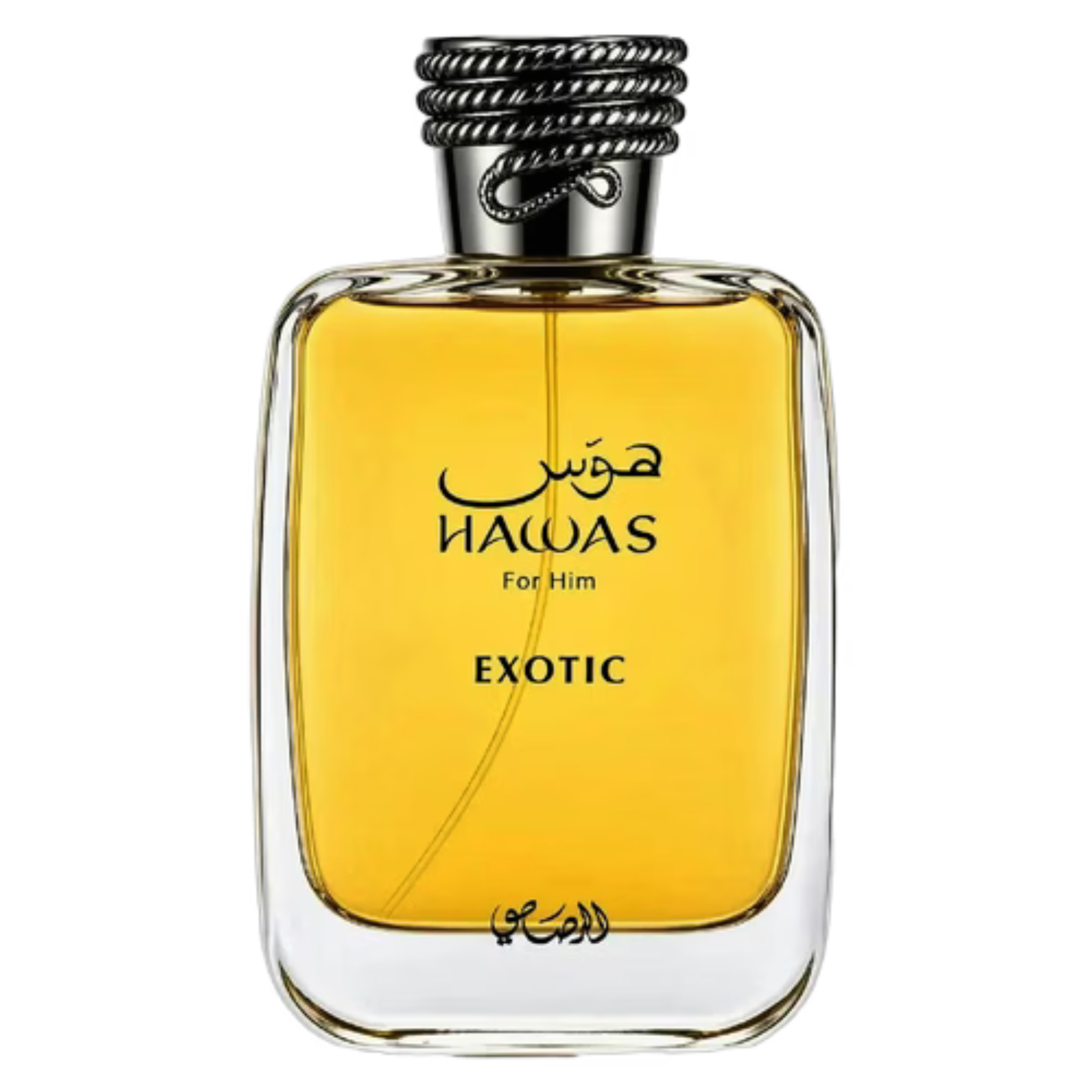 Rasasi Hawas Exotic perfume sample bottle with gold accents and clear glass, showcasing the fragrance's luxurious design.