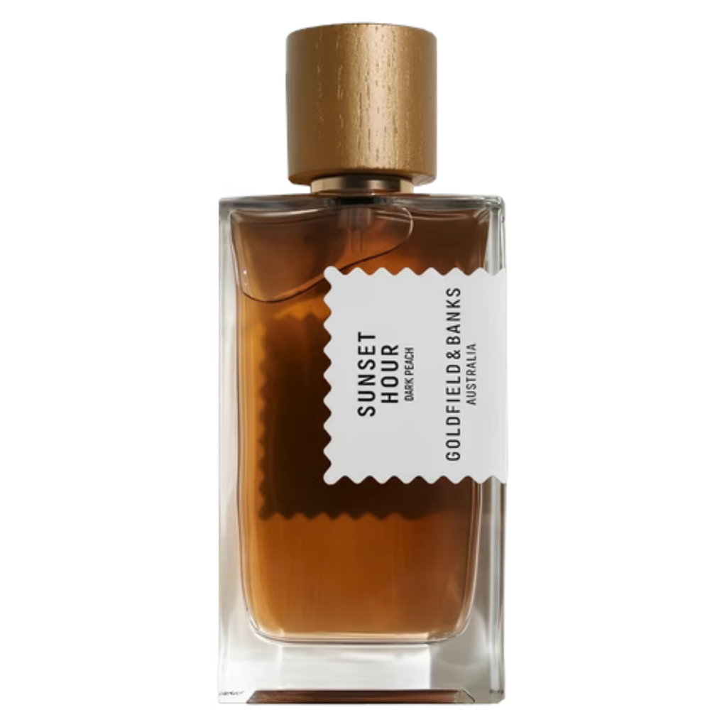 Goldfield & Banks Sunset Hour Dark Peach sample bottle with golden label and dark peach-colored liquid inside.
