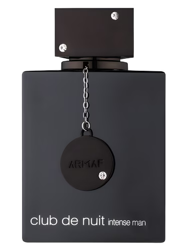 Sample of Armaf Club de Nuit Intense Man fragrance in a dark 375x500 AVIF image showing the perfume bottle and packaging.